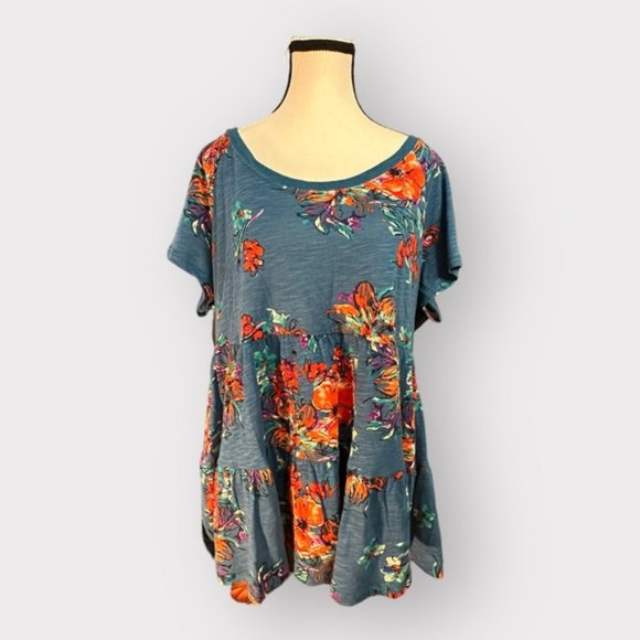 Women’s Torrid 1 Blue Floral Babydoll Slub Scoop Neck Tiered Top 1X 1XL 14 16 - Picture 7 of 15